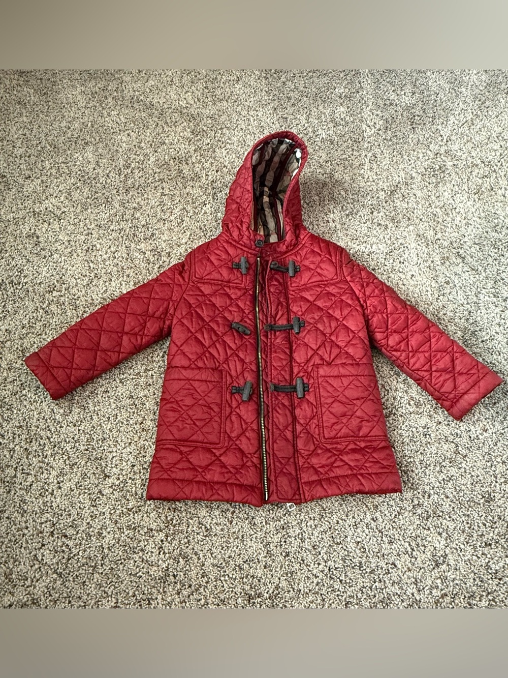 Burberry Toddler Quilted Toggle Hooded Red Coat - Size 3